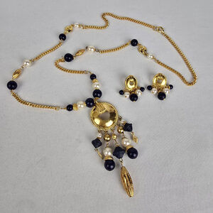 Vintage Gold Tone Navy Beaded Tassel Pendant Long Necklace & Earring Set